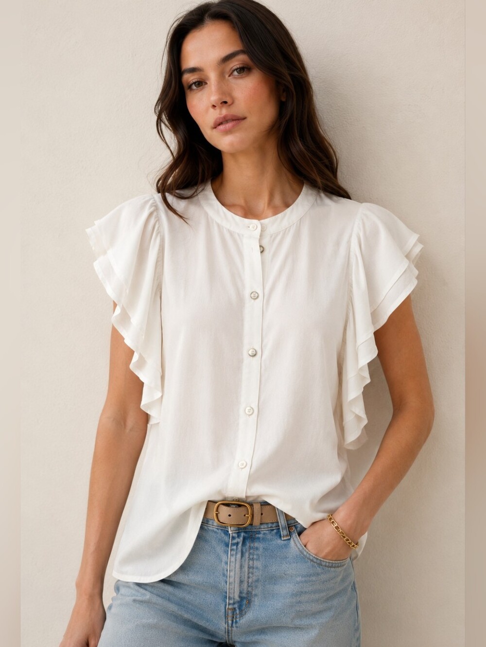 Splendid Drapey Flutter Sleeve Button Front Blouse Wht S Coastal Vacay Boho